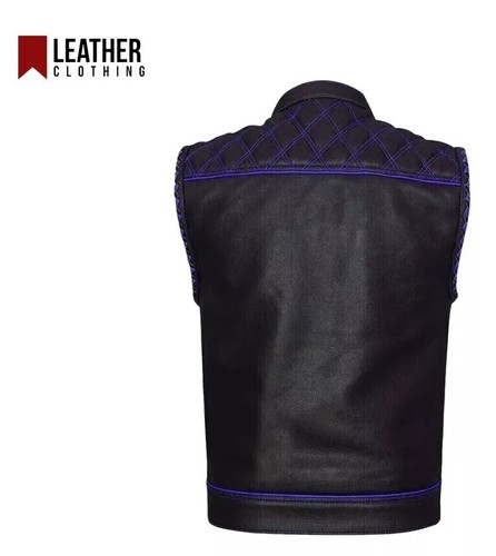 Chaleco de moto de cuero negro con patrón de diamante para hombre con moto azul oculto - Imagen 4 de 6