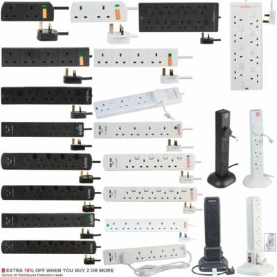Überspannungsgeschützte Verlängerung Nachlaufleitung - schwarz/weiß Multi-Stecker USB Netzkabel