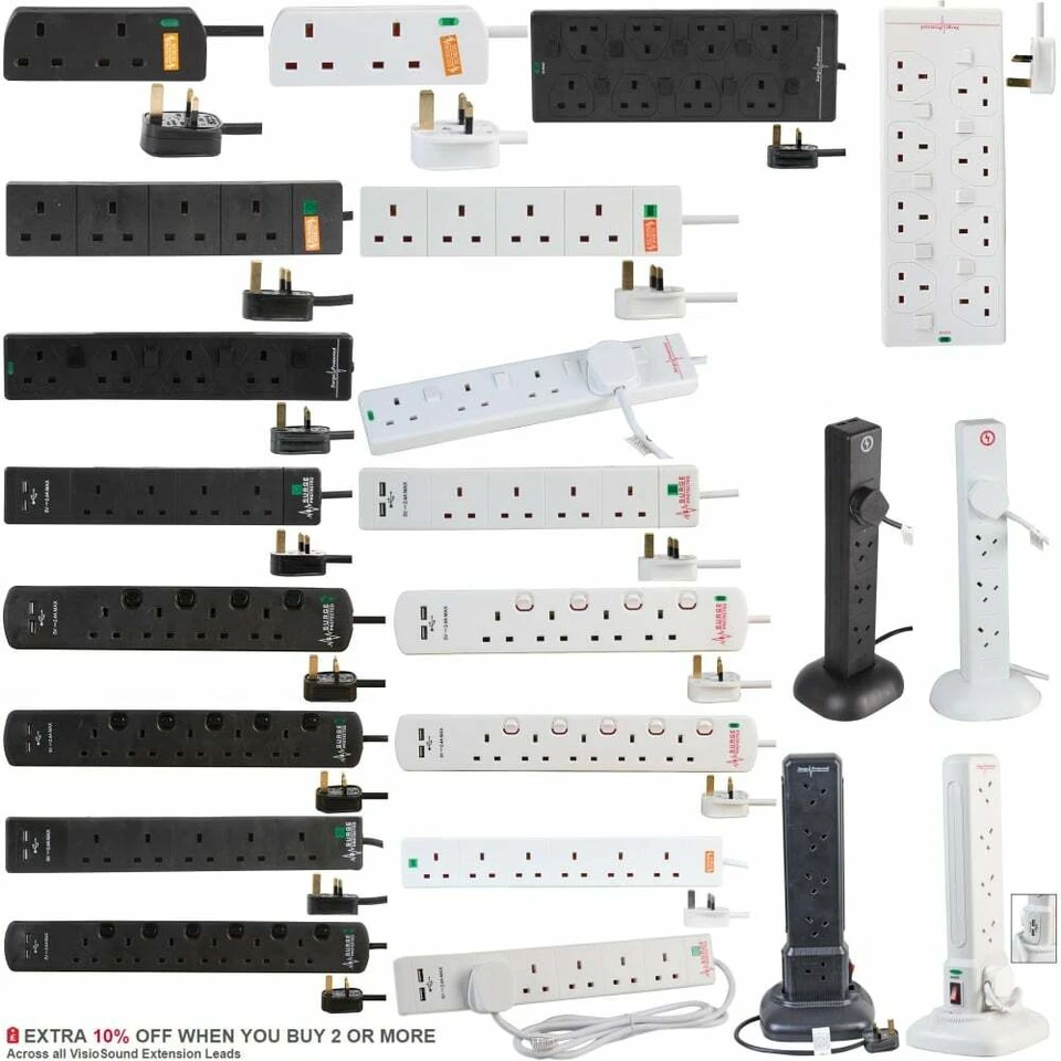 Surge Protected Extension Trailing Lead - Black/White Multi Plug USB Power Cable