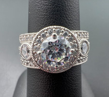 STERLING SILVER 925 CUBIC ZIRCONIA CZ 3 STONE HALO ENGAGEMENT RING BANDS SET