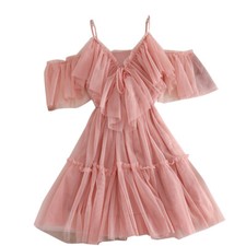 Women Mesh Ruffle Layer Midi Dress V Neck Sweet Lolita Fairy Princess Elegant