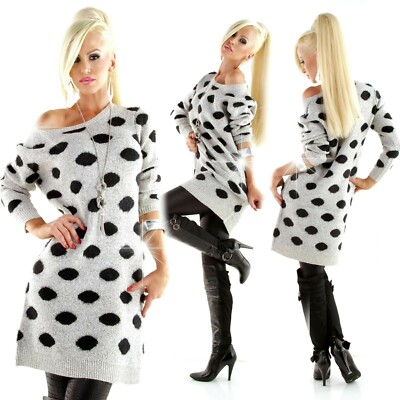 WINTER STRICKKLEID PARIS KLEID Warme Lange Tunika Grau LONG PULLOVER 38-42