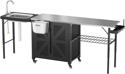 AECOJOY Outdoor Grill Cart Table w/Sink,Portable Folding Kitchen Island w/Storag