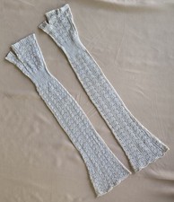 HAND KNIT MID 19TH C LONG FINGERLESS WHITE GLOVES MITTS W HEART LACE DETAIL