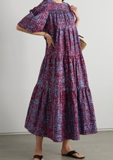 ODILE JACOBS Flounce Dress One Size Puff Sleeve Kaftan 100% Cotton