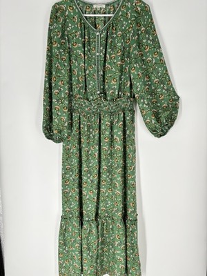 Max Studio Womens Floral Tiered Maxi Dress Sz L Boho Peasant Cottage Prairie