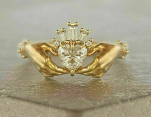 Authentic 14K Yellow Gold Plated 2Ct Heart Cut Lab-Created Diamond Claddagh Wedding Ring
