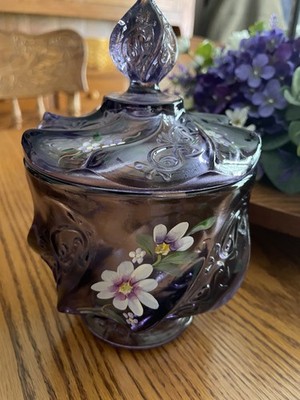 Fenton Hand Painted Floral Purple Candy Dish - Excellent Condition-SIGNED 