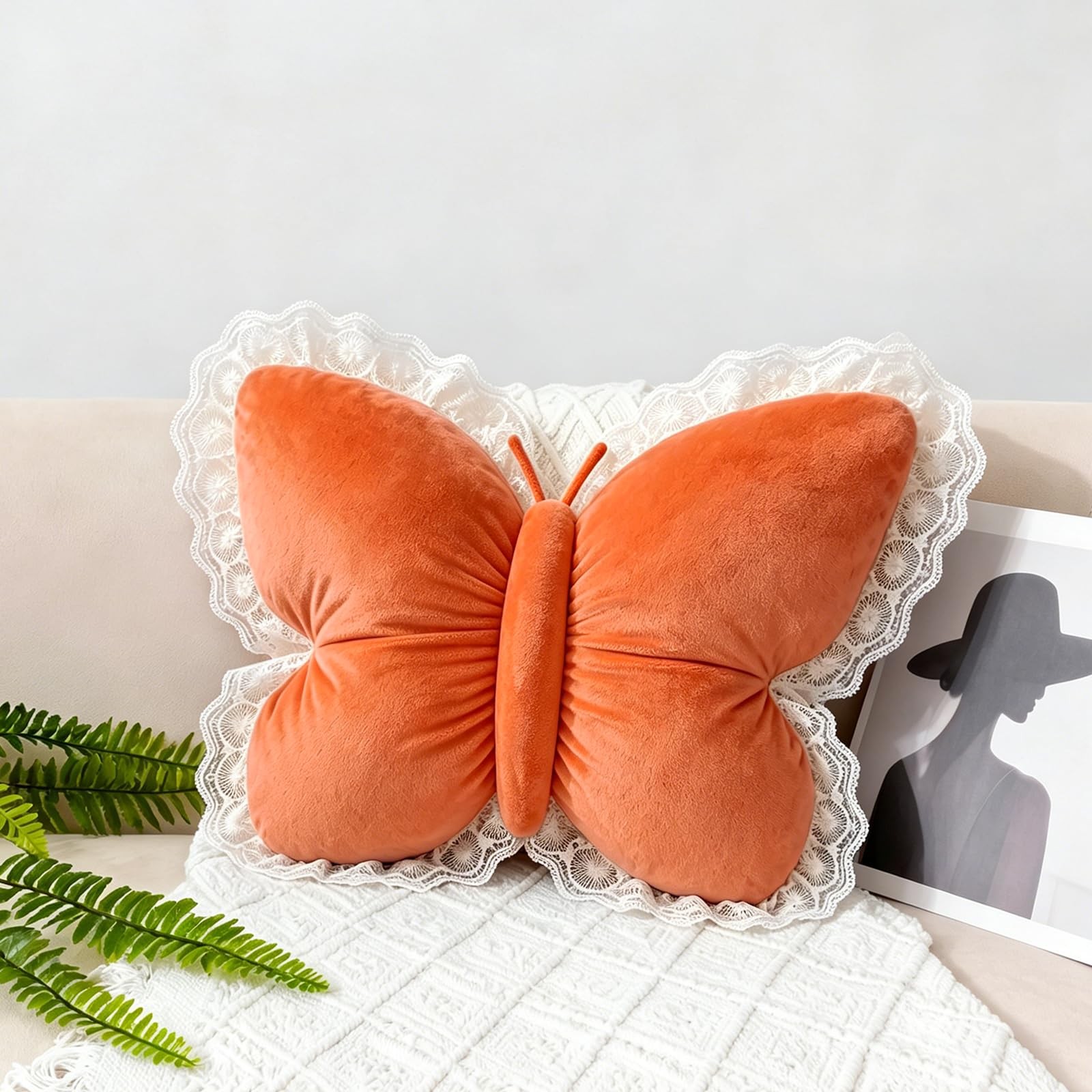 Butterfly Pillow with Lace Trim Decorative Butterfly Shaped Throw Pillows 16"...