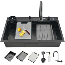 Waterfall Kitchen Sink 32 Inch Drop-in Single Bowl Stainless Steel Multifunct...