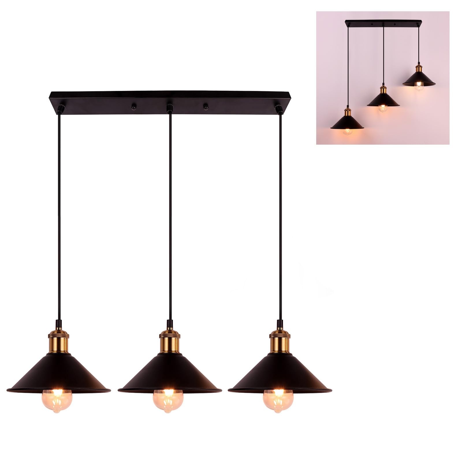 3-Light Industrial Pendant Light Fixture, Adjustable Metal Hanging Lamp, Vint...