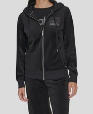 Calvin Klein Women's Black Velour Metallic Logo Full Zip Hoodie Sweater Size S