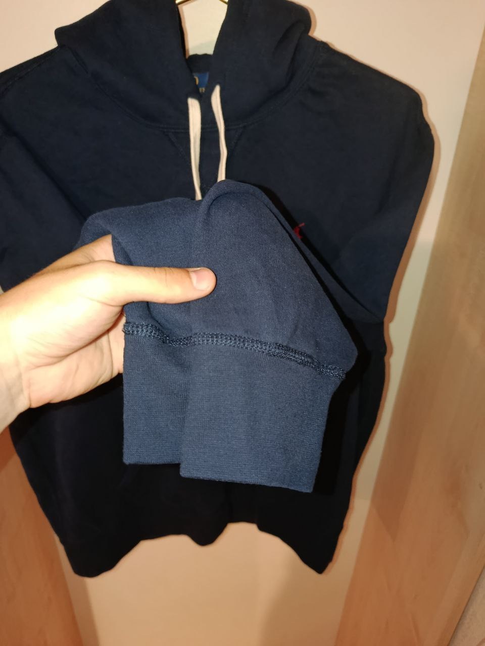 Polo Ralph Lauren felpa con cappuccio blu scuro pullover rosso pony taglia L