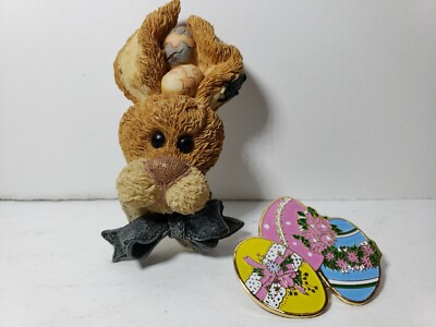 2 Easter Bunny Resin Pastel Enameled Eggs Brooch Pin Gold Tone 2 