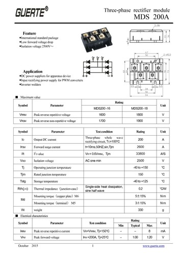3-Phasen-Brückengleichrichter Modul Guerte MDS200-16 200A 1600V Diodenbrücke - Bild 2 von 3