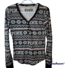 PINK Victorias Secret I Only Sleep In PINK Pajama Top Black Long Sleeve Size S