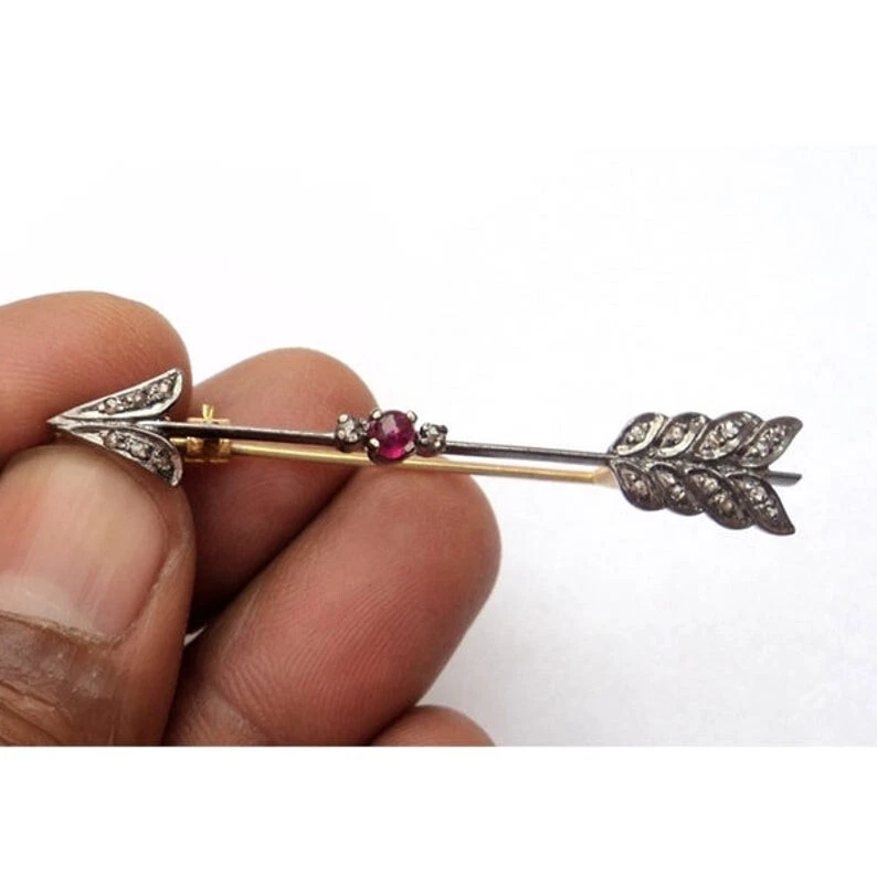Natural Diamond Brooch 925 Sterling Silver Ruby Brooch Christmas Gift For Her - Image 3 of 3