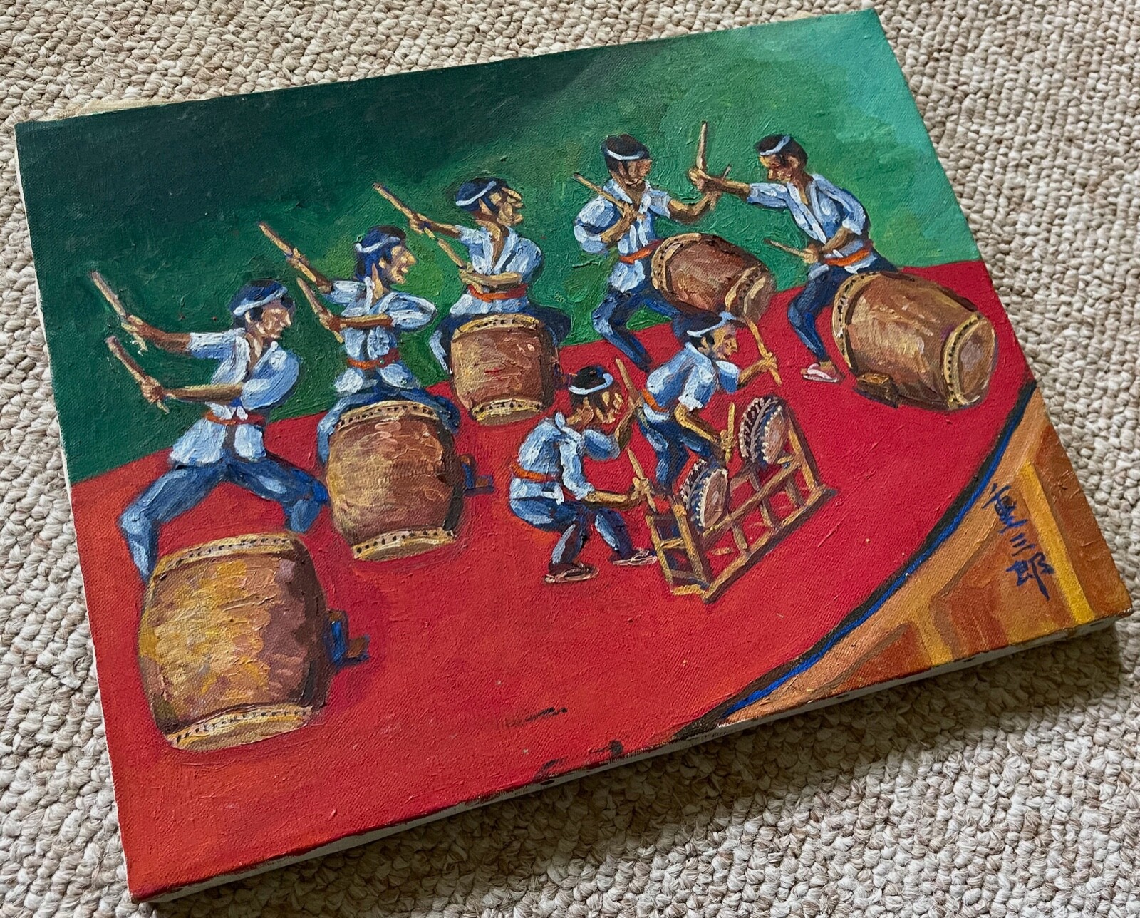 Vintage 70s Asian Themed Percussion Oil Painting Modern Art Wall