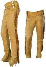 Men Golden Brown Western Cowboy Suede Leather Pant Leg Side Buttons  Fringes