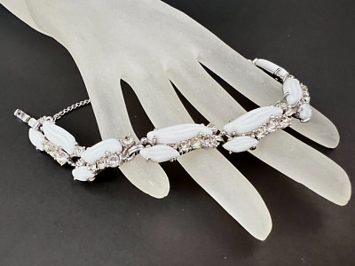 VTG Elsa Schiaparelli Signed Silver Tone Molded White Glass Rhinestones Bracelet