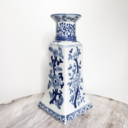Vtg Blue White Chinese Kangxi Taper Square Vase Artemisia Leaf Pottery Mark 8"