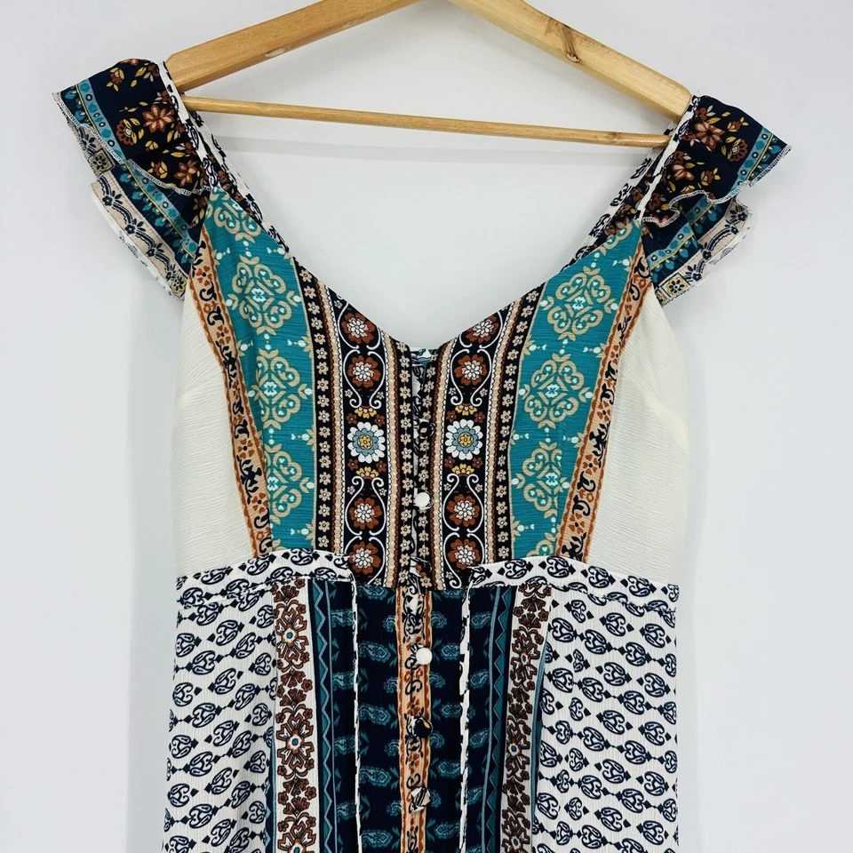 American Rag бирюзовый мульти без рукавов оборки ремень на пуговицах кисточки макси платье S - Изображение 3 из 4