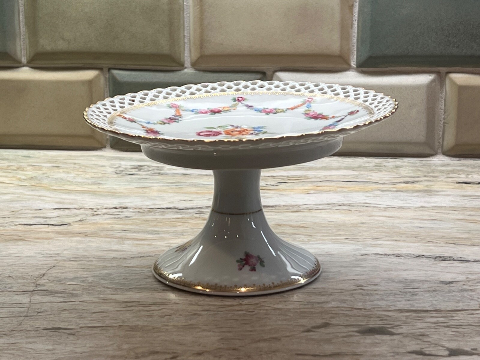 Schumann Porcelain Pierced Pedestal Footed Plate Compote Floral Bavaria Dresden