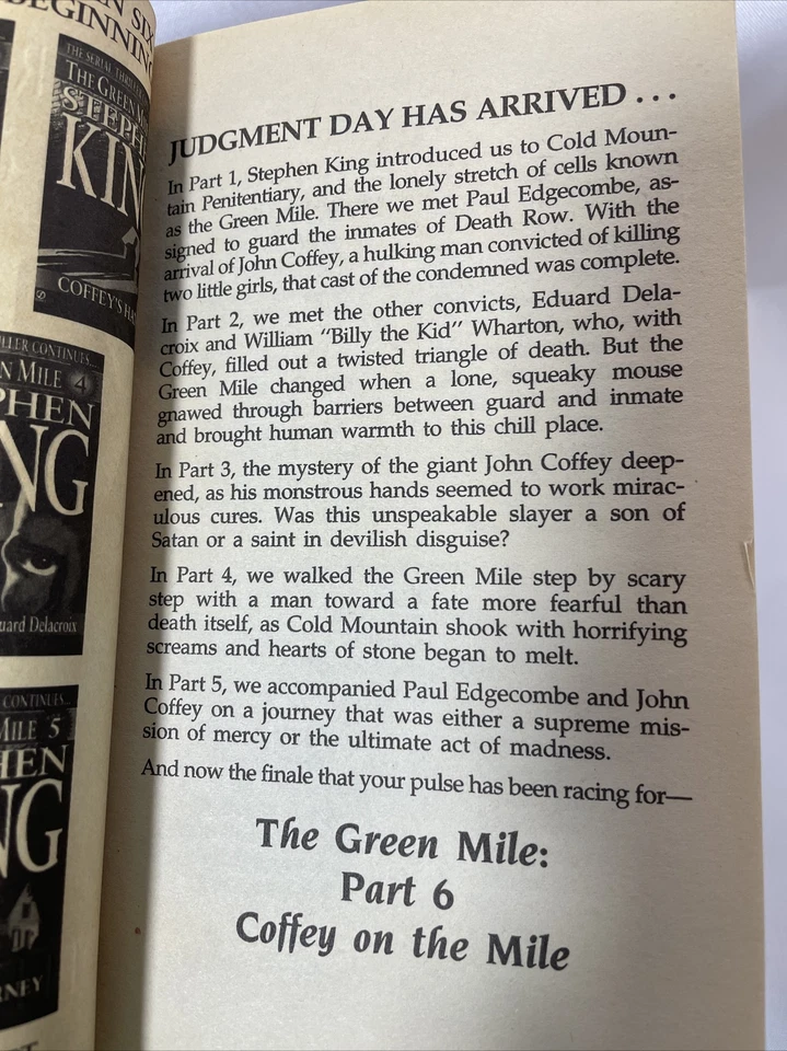 GREEN MILE PART 6 Coffey on the Mile STEPHEN KING Signet 1ST PRINTING Book Foto 3 de 4