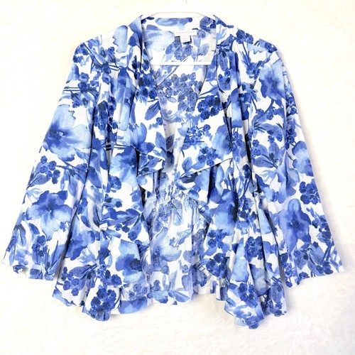 Chaqueta Cárdigan Charter Club Lino Acuarela Floral Frente Abierto Volantes S Azul - Imagen 1 de 6