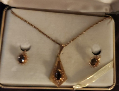 Amaco Jewels-Smoky Topaz Earrings & Necklace (Gold Overlay) in Gold Box