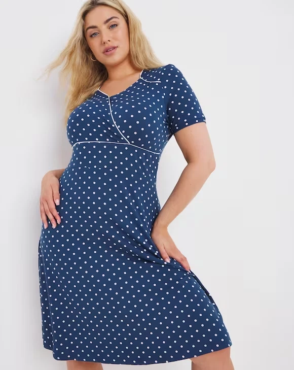 Joe Browns Plus Size 28 Blue White Spot Jersey DRESS Vintage Retro