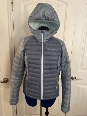 Quechua DECATHLON Women s Blue DOWN Puffer Jacket Coat Sz S Zip Thin But Warm
