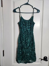 Crystal Doll Dark Green Sequin Dress Sleeveless Open Back With Zipper Size Small