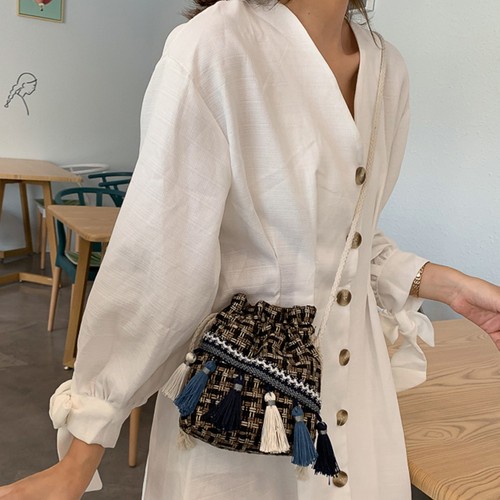 Straw Weaving Bucket Bag Single Shoulder Ethnic Style Tassel Casual Beach - Afbeelding 5 van 11