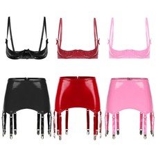 Women Outfits Wire-free Bra Set Miniskirt Lingerie Nightclub Wet Look Clubwear
