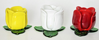 Hand Blown Art Glass Tulip Flower Votive Candle Holders Yellow White & Red -3Pc.