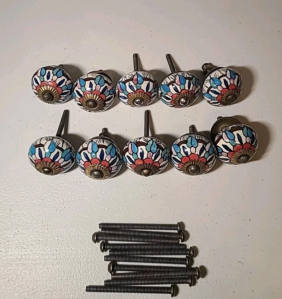 10 Antique Style Ceramic Hand Decorated Bronze Tone Drawer Pulls Knobs Vintage - Image 3 of 4