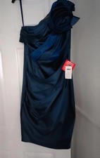 ASOS Navy Blue Satin One Shoulder Occasion Dress Ruched Elegant UK 10 NWT