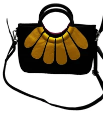 Leather Yellow & Pink Floral Patch Satchel Bag Purse + Body Strap