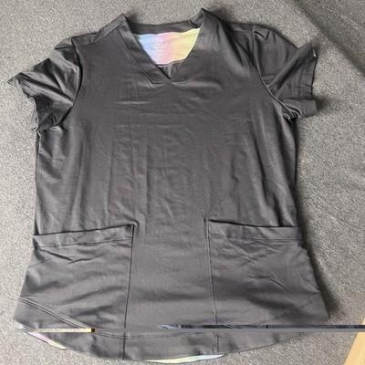Beyond Scrubs Top  Ever bloom Rainbow  Med V Neck SB T116 Stretch Pockets Pewter