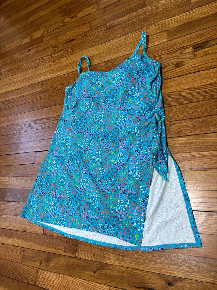Lands' End Womens Swim Dress Size 16 Blue Floral Side Slit Skirt Built-in-Bra - Image 2 of 4