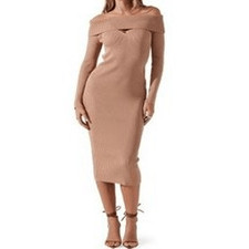 ASTR The Label Leya Off Shoulder Sweater Dress size S Midi Tan Long Sleeve