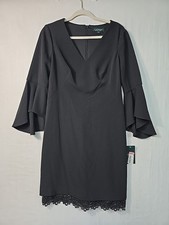 NWT Lauren Ralph Lauren Black Crepe Bell Sleeve Dress V-Neck Knee-Length Size 8