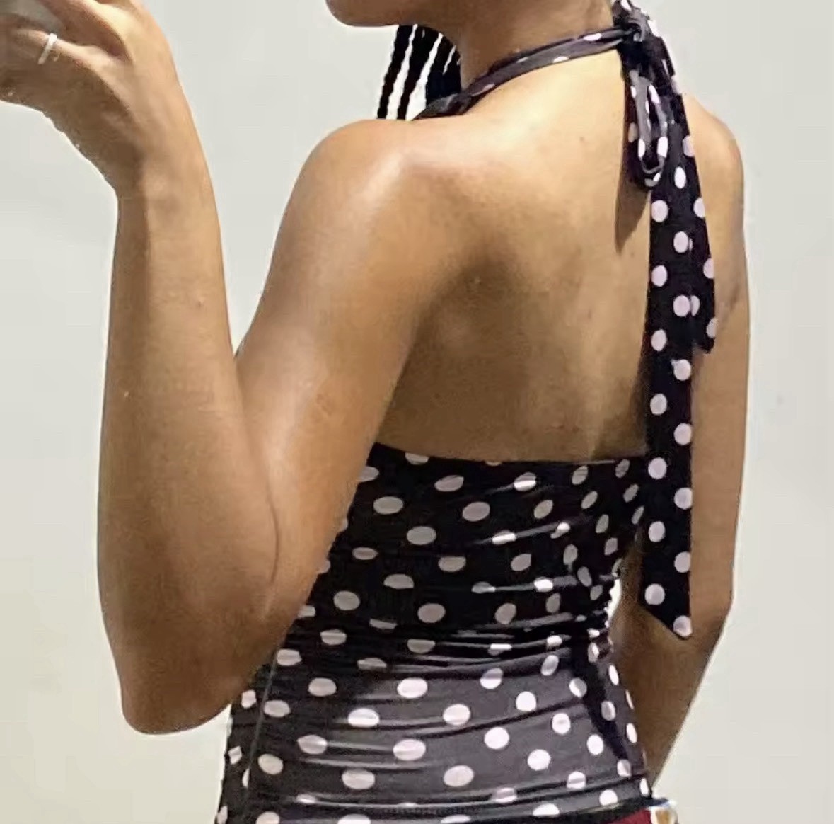 brown polka dot halter top tie top