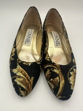 Vintage 80 s Connie Flats Gold Black Brown Floral Print Dress Shoes
