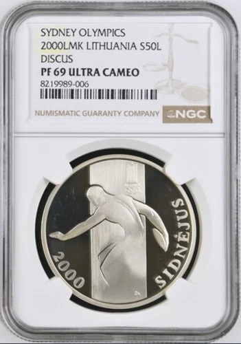 Lithuania, 2000 Proof 50 Litu, Discus Sydney Olympics, NGC PF69 UC, Rare