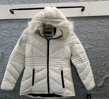 New GUESS Midweight Full Zip Faux Fur Trim On Hood Puffer Jacket White Sz Large