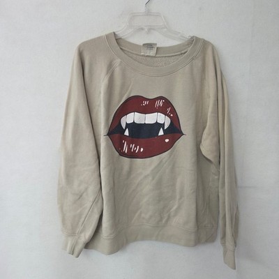 Living Fully Co Mallory Ervin Sweatshirt Women Large Tan Vampire Lips Graphic
