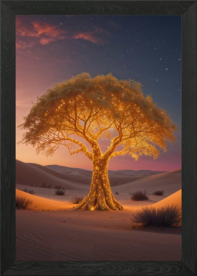 Golden Tree in Desert at Sunset Gerahmtes Wandbild Poster Leinwanddruck Bild