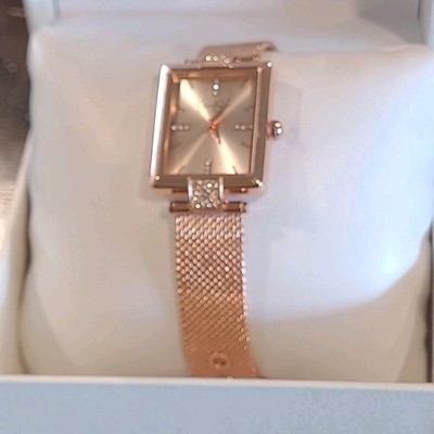 Jessica Simpson Rose Gold Rectangular Quartz Women's Wristwatch Gemmed Mesh Band
